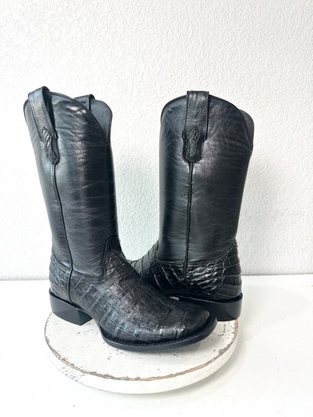 Mens Cowboy Boots Black Caiman Leather Western Square Toe Size 10.5 Leather Sole